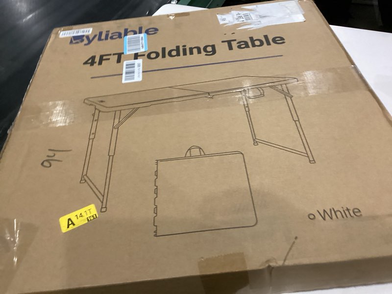Condition photo showing Good Condition for Folding Table 4 Foot Portable Heavy Duty Plastic Fold-in-Half Utility Table Small Indoor Outdoor Adjustable Height Folding with Carrying Handle, Camping and Party,White | Portable, Heavy Duty, Fold-in-Half, Indoor Outdoor, Adjustable Height, Folding