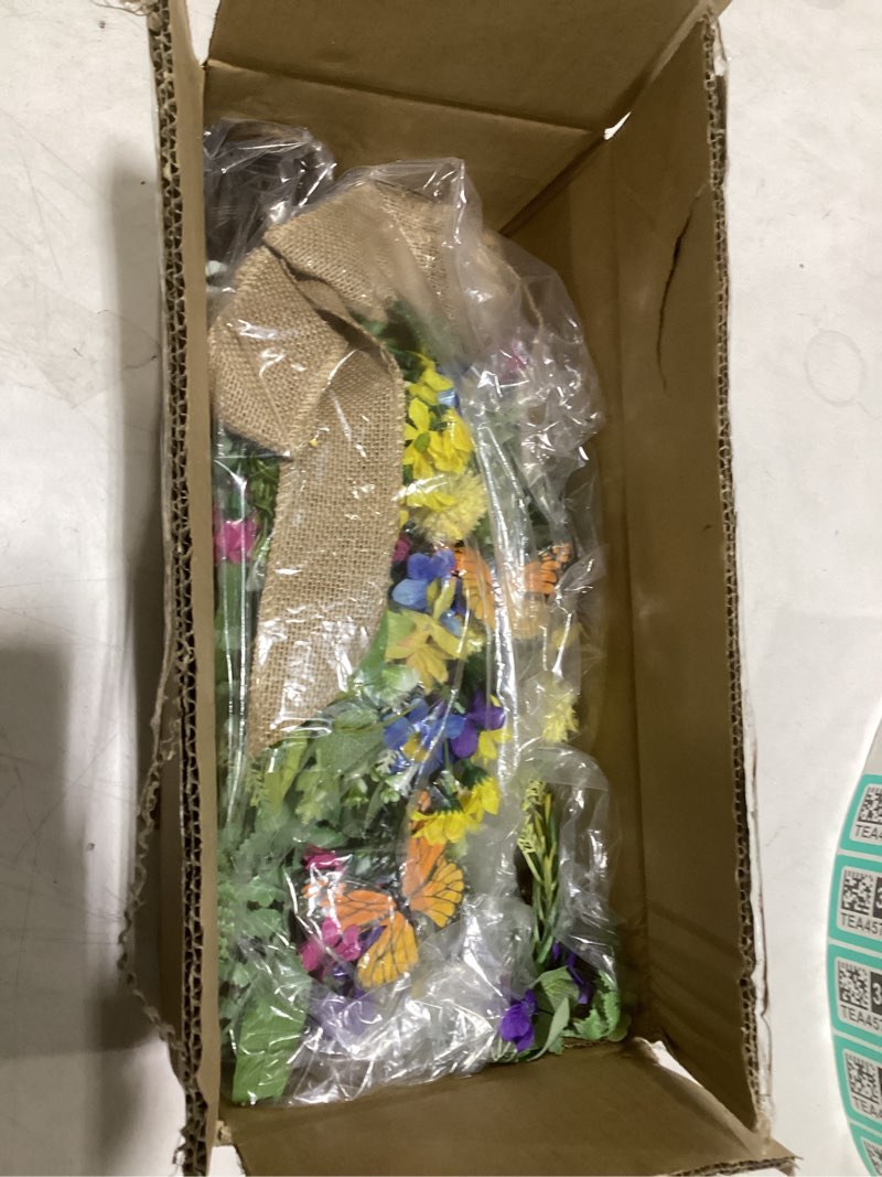 Condition photo showing Good Condition for Spring Summer Floral Teardrop Swags Pre-Lit Mixed Flower Teardrop Wreath with Sunflower and Daisy Eucalyptus Leaves Floral Arrangement for Door Wall Mantel Window