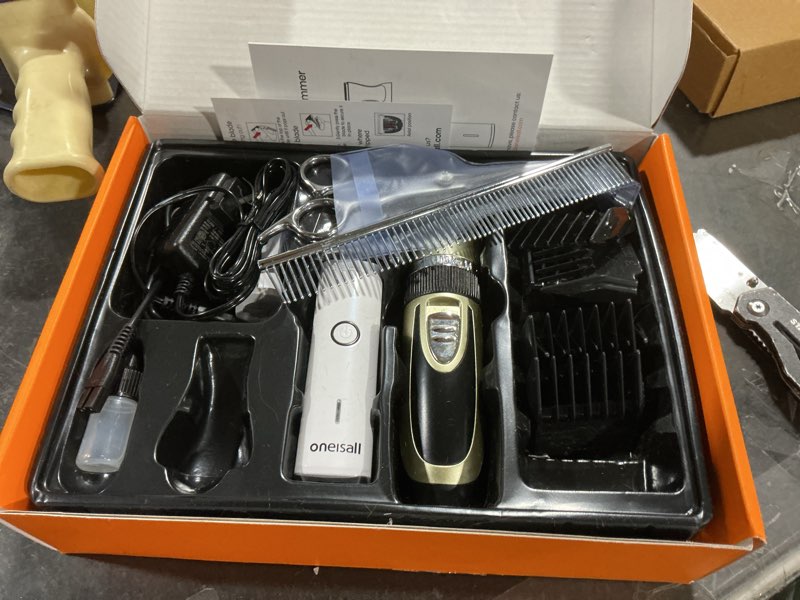 Condition photo showing Good Condition for oneisall dog clippers and paw trimmer kit 2 in 1 low noise cordless dog clippers for grooming pet hair trimmers for small and large dogs cats animals gold