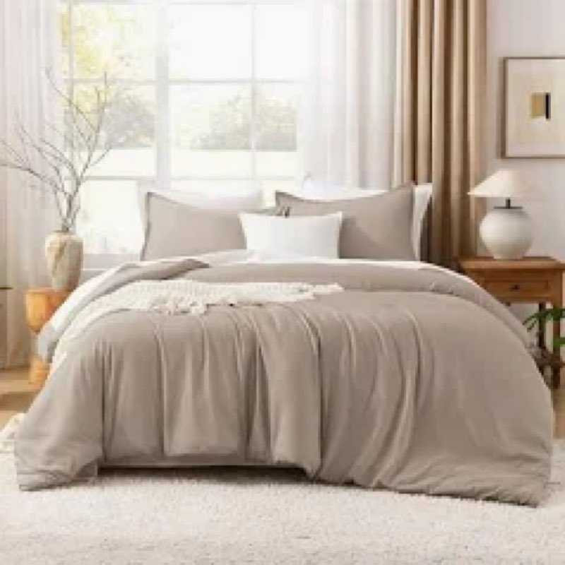 Litanika California King Comforter Set Light Coffee - 3 Pieces Cal King Lightweight Soft Plain Bed C
