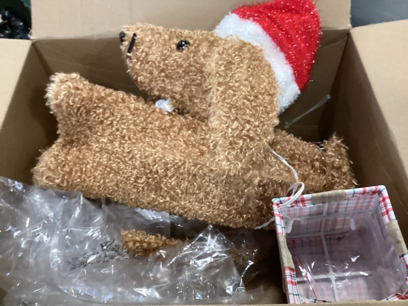 Condition photo showing As Is for GENIMO Outdoor Dog Christmas Decorations, 24 Inch Outdoor Lighted Holiday Dog Hug Gift Box Decor with 50 Warm Bright Lights, Indoor Outside Decoration for Front Porch Lawn Yard Home Garden Display