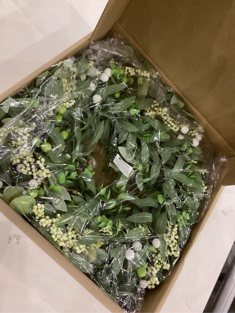 Condition photo showing New/Like New for Green Wreaths for Front Door, Farmhouse and Home Decorations for All Seasons, 20 Inches Greenery Artificial Eucalyptus Wreaths, Outdoor and Indoor Wall Decorations (Green)