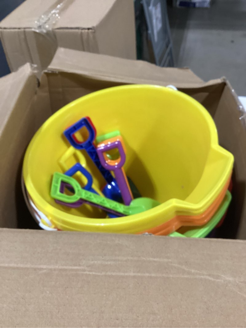 Condition photo showing As Is for 12 set beach sand buckets and shovels set includes 9 inch large sand buckets and shovels beach pails toys for kids for summer theme party favors summer game (6 colors) 6 colors 12