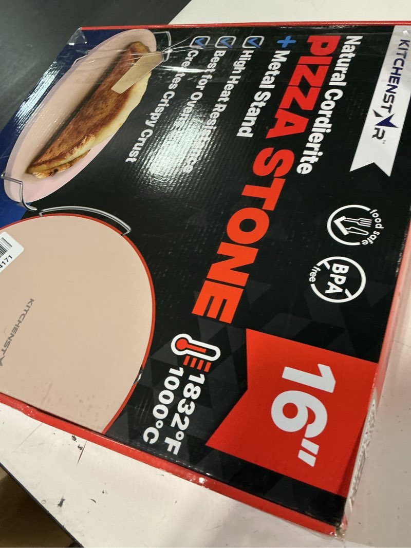 Condition photo showing Good Condition for kitchenstar 16-inch pizza stone for oven and bbq grill with handles, round, 5/8" thick - natural cordierite, 1800 °f resistant, baking stone set with stainless steel rack & plastic scraper tool 16 inch