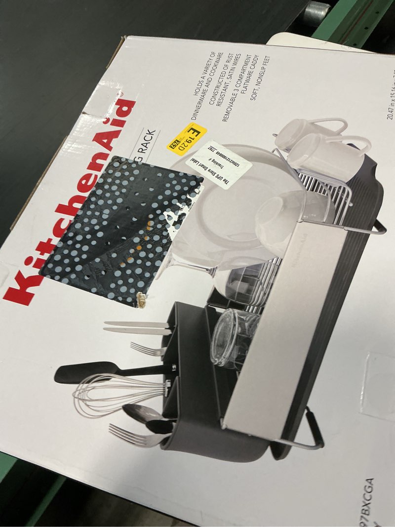 Condition photo showing New/Like New for kitchenaid large capacity, fully size self draining rust resistatant satin coated dish rack with removable flatware caddy 20.47-inch, gray