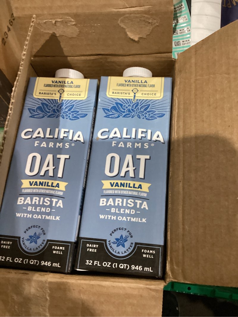 Condition photo showing As Is for Califia Farms - Oat Barista Blend Oat Milk, 32 Oz (Pack of 6), Shelf Stable, Dairy Free, Plant Based, Vegan, Gluten Free, Non GMO, High Calcium, Milk Frother, Creamer, Oatmilk Oat Barista Original 32 Ounce (Pack of 6)