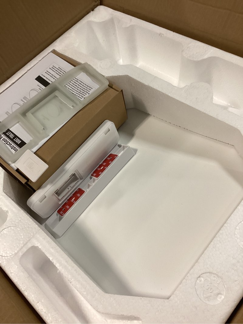 Condition photo showing As Is for bidet toilet seat, bidet seat with remote control, warm water wash, heated seat, air dryer, soft close lid, night light, self cleaning nozzle, led display, requires outlet - elongated oval