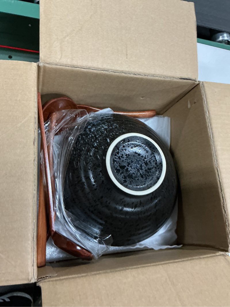 Condition photo showing Good Condition for 8-Inch Ceramic Ramen Bowl Set of 2 (9 Piece) - Porcelain Japanese Salad Noodles Cereal Fruit Pasta Soup Large Bowls with Recipes Chopsticks Forks Spoons for Men Women Gift Microwave & Dishwasher Safe B:BLACK 8 INCH 2 Set
