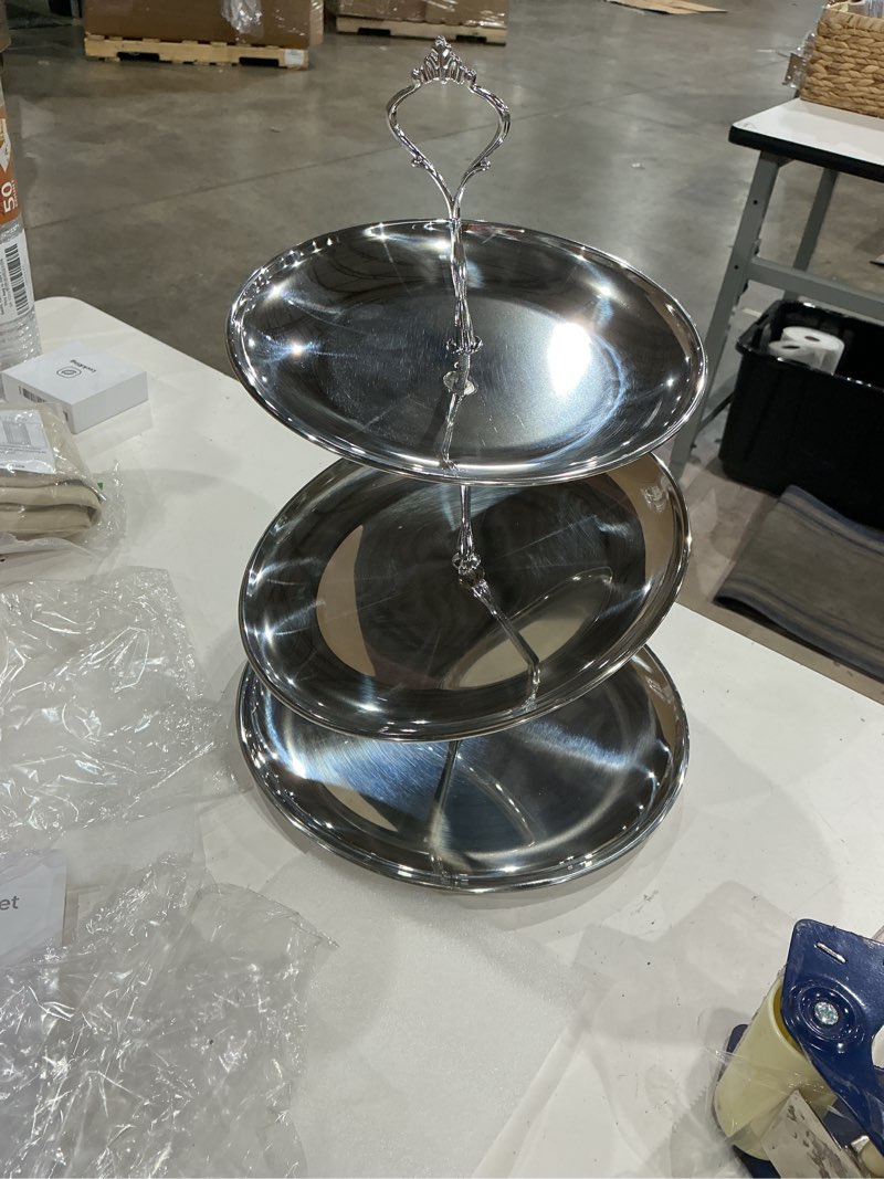 Condition photo showing Good Condition for uxcell 1 set 3-tier cupcake stand holder, round tiered serving tray stainless steel cup cake stand for dessert fruit table birthday party decoration display, silver silver 3-tier