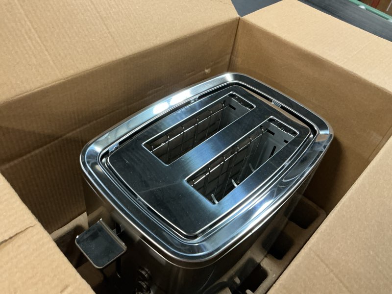 Condition photo showing As Is for GE 2 Slice Stainless Steel Toaster, Extra Wide Slots for Toasting Bagels, Breads, Waffles & More, 7 Adjustable Shade Settings, Removable Crumb Tray, Countertop Kitchen Essentials, 850 Watts 2-Slice Stainless Steel