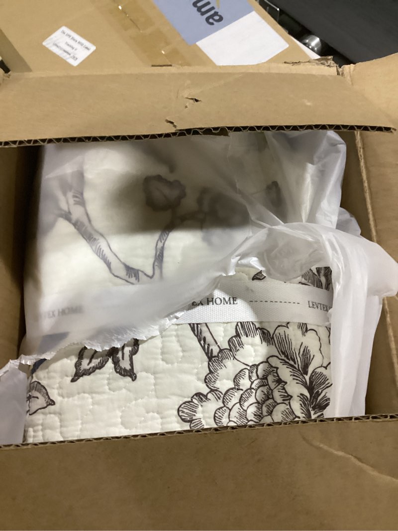 Condition photo showing As Is for Levtex Home - Mockingbird Quilt Set - King/Cal King Quilt 106x92in. + Two King Pillow Shams 36x20in. - Grey Toile with Birds and Butterflies - Reversible Pattern - Cotton