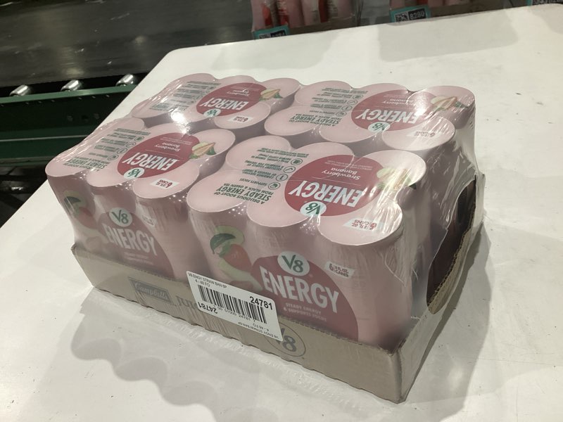 Condition photo showing New/Like New for v8 energy strawberry banana juice energy drink, 8 fl oz can (24 pack) strawberry banana pack of 24 (8 fl oz) epx date 28 jan 26
