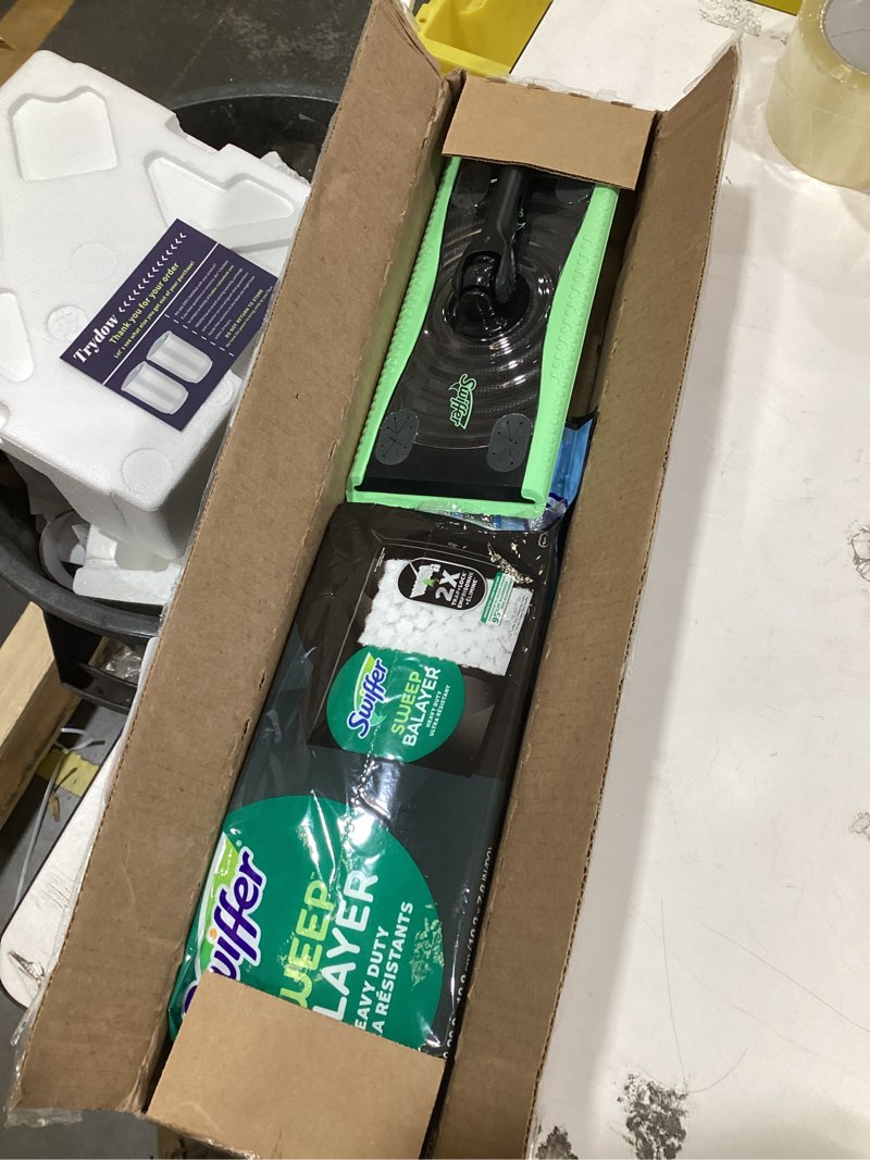 Condition photo showing As Is for Swiffer Sweep & Mop Deluxe 2-in-1 Multi-Surface Kit for Floor Cleaning, Includes 1 Sweeper Device, 5 Dry Sweeping + 6 Wet Mopping Heavy Duty Cloths, Black Deluxe Starter Kit