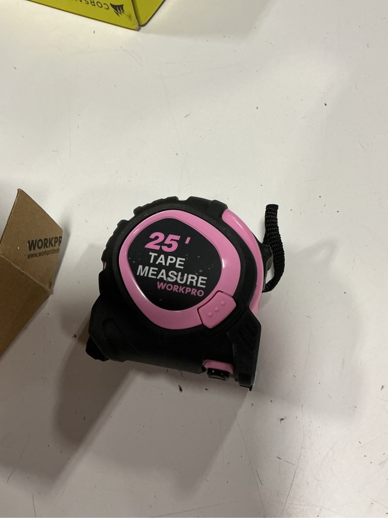 Condition photo showing Good Condition for workpro 25-ft tape measure with fractions, 3 brakes retractable measuring tape, compact measurement tape with magnetic hook, nylon coating blade accuracy 1/32”, pink