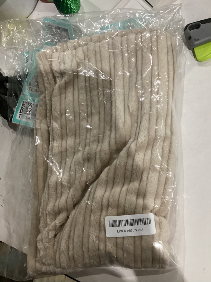 Condition photo showing New/Like New for DISSA Fleece Blanket Twin Size – 60x80, Beige - Soft, Plush, Fluffy, Fuzzy, Warm, Cozy – Perfect Throw for Couch, Bed, Sofa - with Pompom Fringe - Flannel Blanket Beige 60x80"