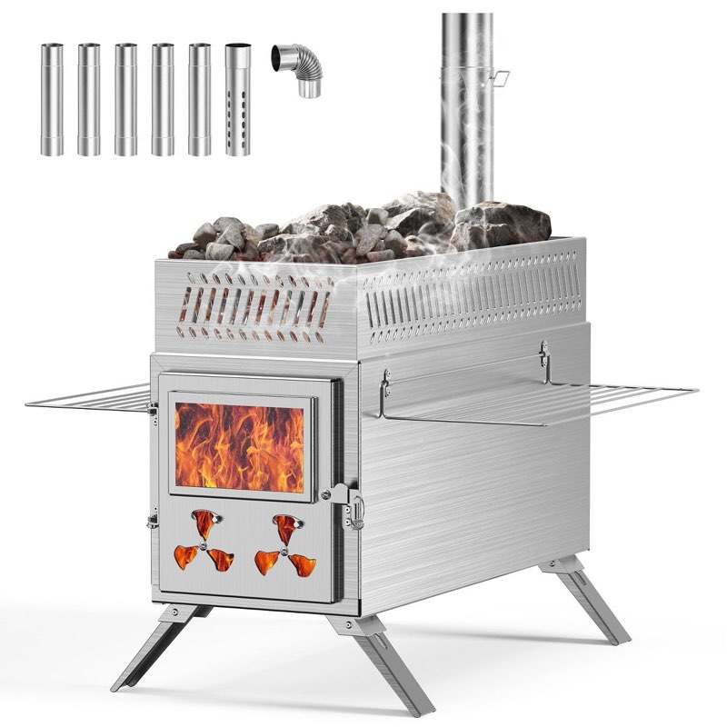 Docred Wood Burning Sauna Hot Tent Stove, 2 in 1 Tent Wood Burning Stove with Chimney Pipe for Outdoor Camping Heating