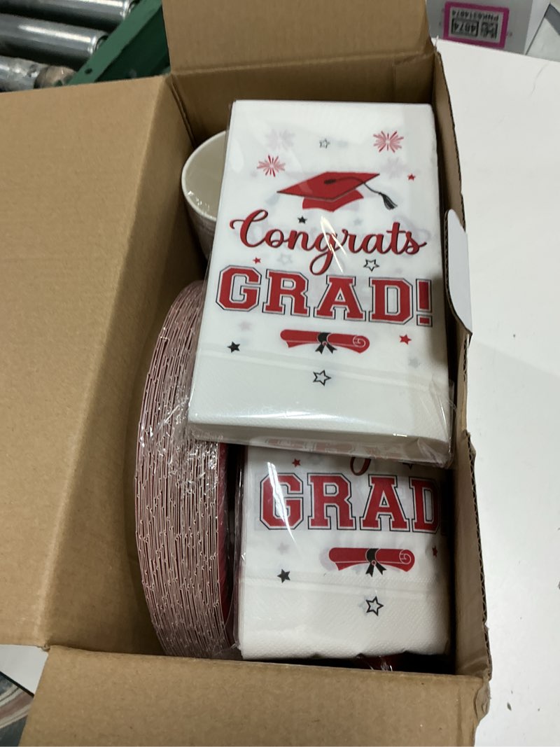 Condition photo showing New/Like New for graduation party supplies congrats grad plates and napkins set serve 50, disposable tableware paper plates napkins cups knives spoons forks straws for class of 2026 graduation party decorations (red) red 9 inch serve 50