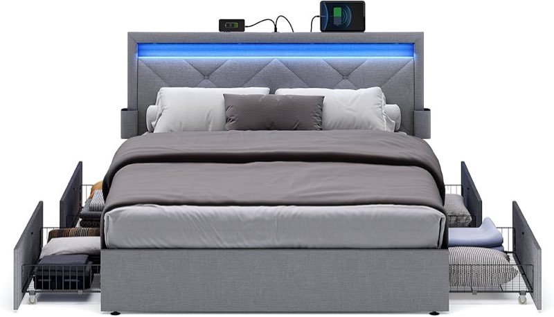 VASAGLE LED Bed Frame Queen Size, Queen Bed with Headboard and 4 Drawers, 1 USB Port and 1 Type C Port, Adjustable Upholstered Headboard 36.7/39.3 Inches, No Box Spring Needed, Light Gray URMB821G01