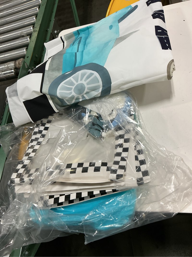 Condition photo showing As Is for mpanwen two fast birthday decor, 143pcs race car racing 2nd birthday party decorations supplies for boys - banner, cake toppers, balloons, tablecloth, centerpieces, crown, poster, boxes, wall signs