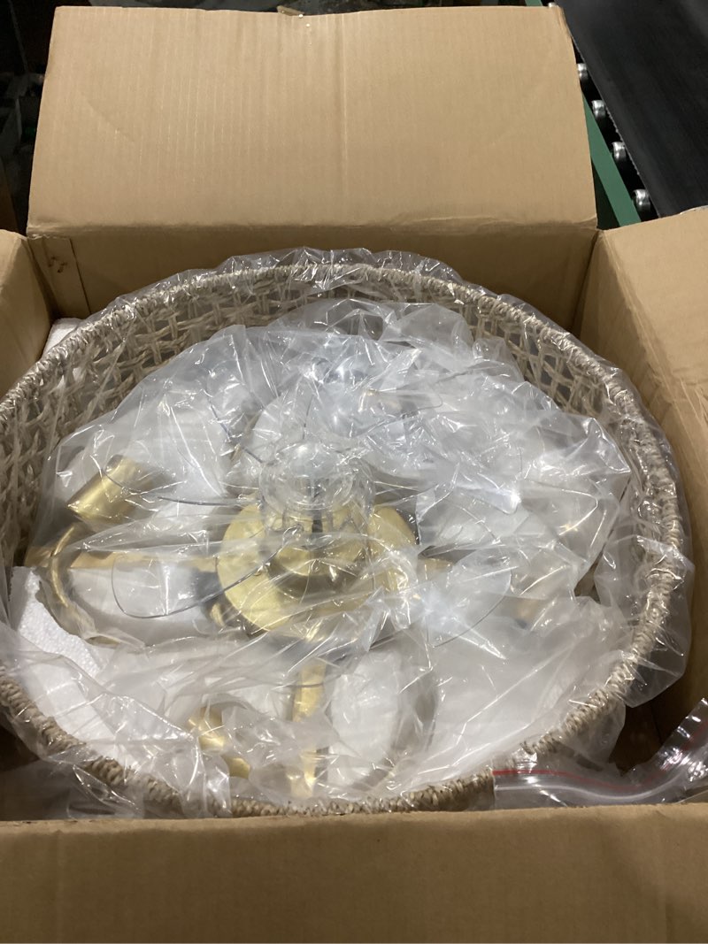 Condition photo showing New/Like New for Fandelier Ceiling Fan with Light, 20 Inch Rattan Fans ?Remote Control ?Boho Caged?Handwoven?Flush Mount Low Profile 6 Speeds for Bedroom, Living Room,Dining Room.Yoga Room Rattan C