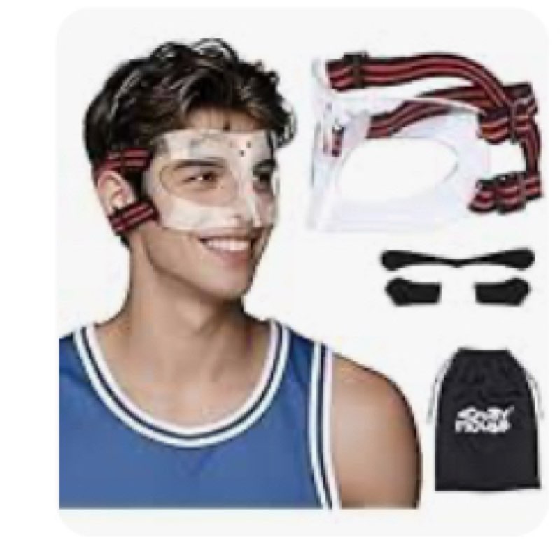 CM01A Nose Guard for Broken Nose Adjustable Basketball Soccer Sports Face Shield Mask with Foam Padding for Adults Women Men Youth Teens Clear+ Red