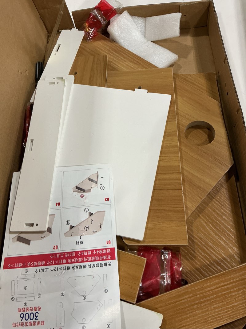 Condition photo showing As Is for Triangle Monitor Stand Riser,Cut Triangle Save Space Desktop Corner,Desktop corner shelf with drawers wooden computer stand with storage laptop risers office organization. (Have drawers)