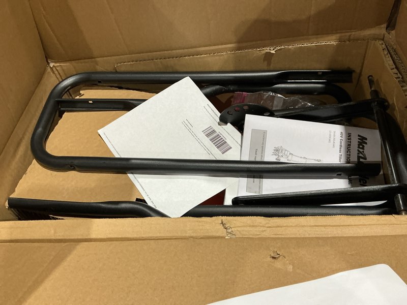 Condition photo showing As Is for maxlander cordless tiller cultivator, 40v 12-inch brushless battery powered garden tiller with 4 steel tines, powerful 280 rmp rototiller, 2x4.0ah battery and charger included coral