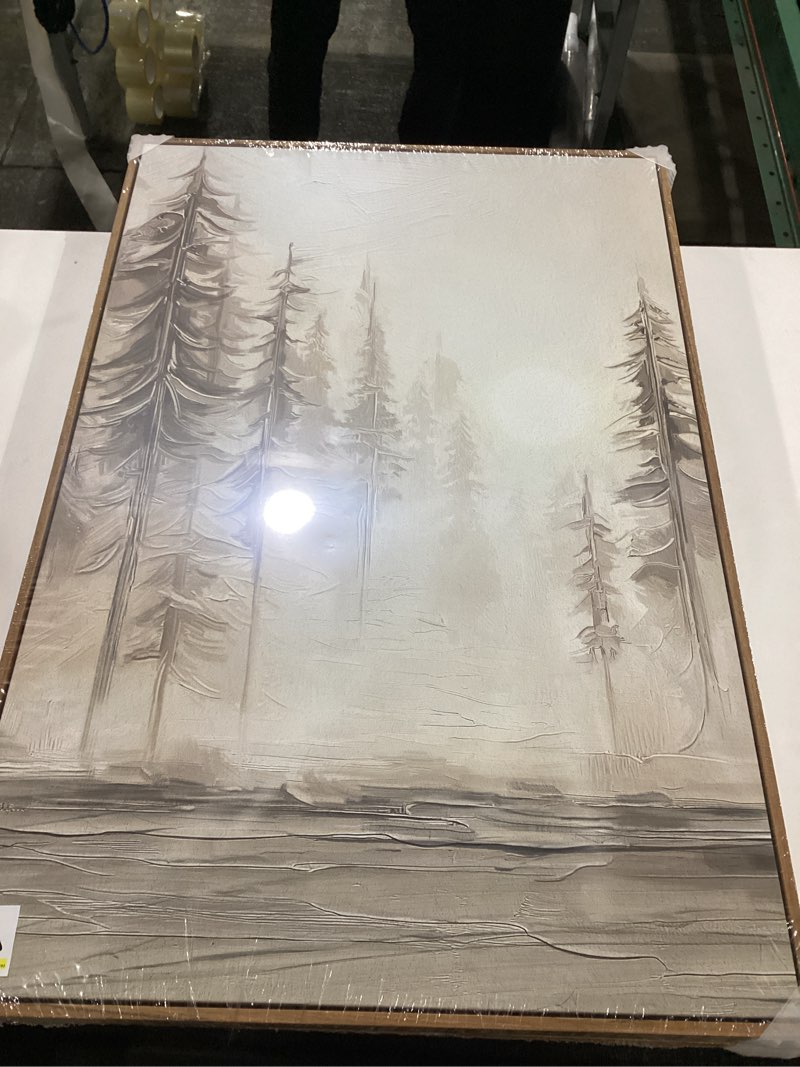 Condition photo showing New/Like New for large framed neutral abstract landscape set of 3 living room wall art, modern misty pine forest canvas artwork for walls, beige rustic farmhouse nature wall decor for bedroom hallway office, 24x36 in 24" w x 36" h x 3pcs netural forest-teak frame