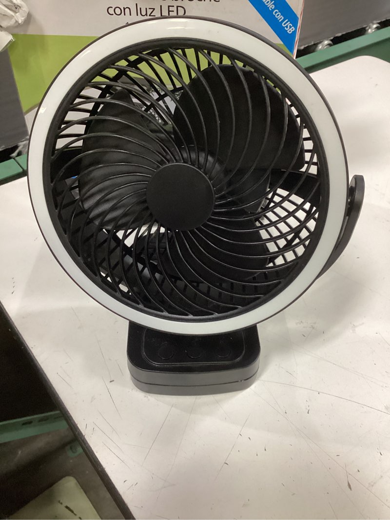 Condition photo showing Good Condition for mainstays 7" 4-speed usb rechargeable clip and table fan, led light and 8h timer, black, model#fn1006