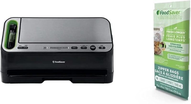 FoodSaver V4400 2-in-1 Vacuum Sealer Machine, Black and Silver & 1-Quart BPA-Free Multilayer Construction Vacuum Zipper Bags, 18 Count