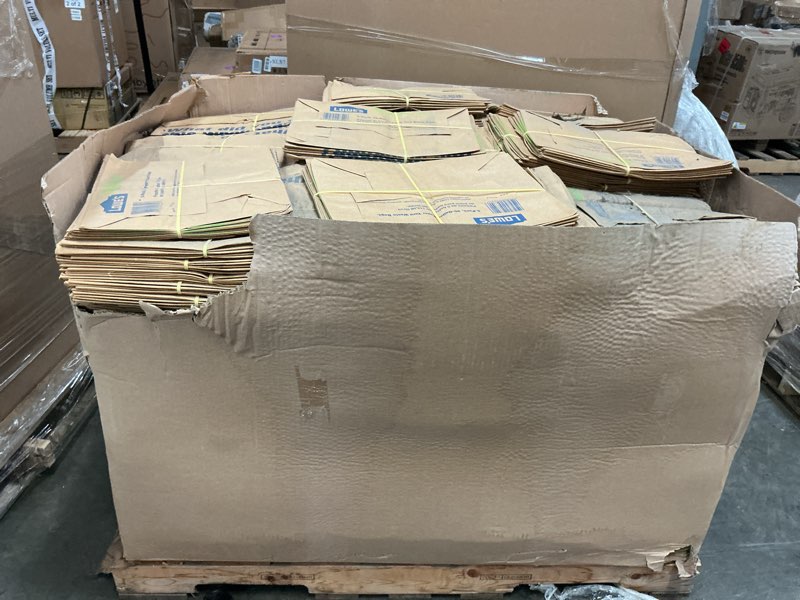 Condition photo showing As Is for entire pallet of lowe's 30-gallons brown/tan outdoor paper lawn and leaf trash bag (5-count)