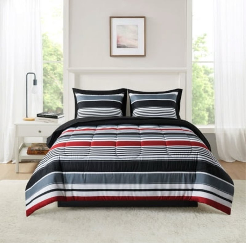  mainstays 7 piece reversible bed in a bag comforter set with sheets  red stripe  queen