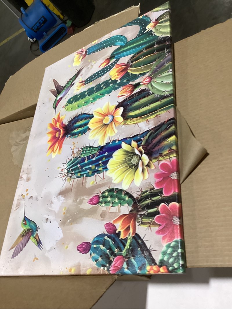 Condition photo showing Good Condition for SWQYLB Cactus Wall Art Canvas Succulent Plant Pictures Hummingbird Painting Framed Botanical Art Prints Bathroom Living Room Home Decor (16.00" x 32.00") 16"L x 32"W