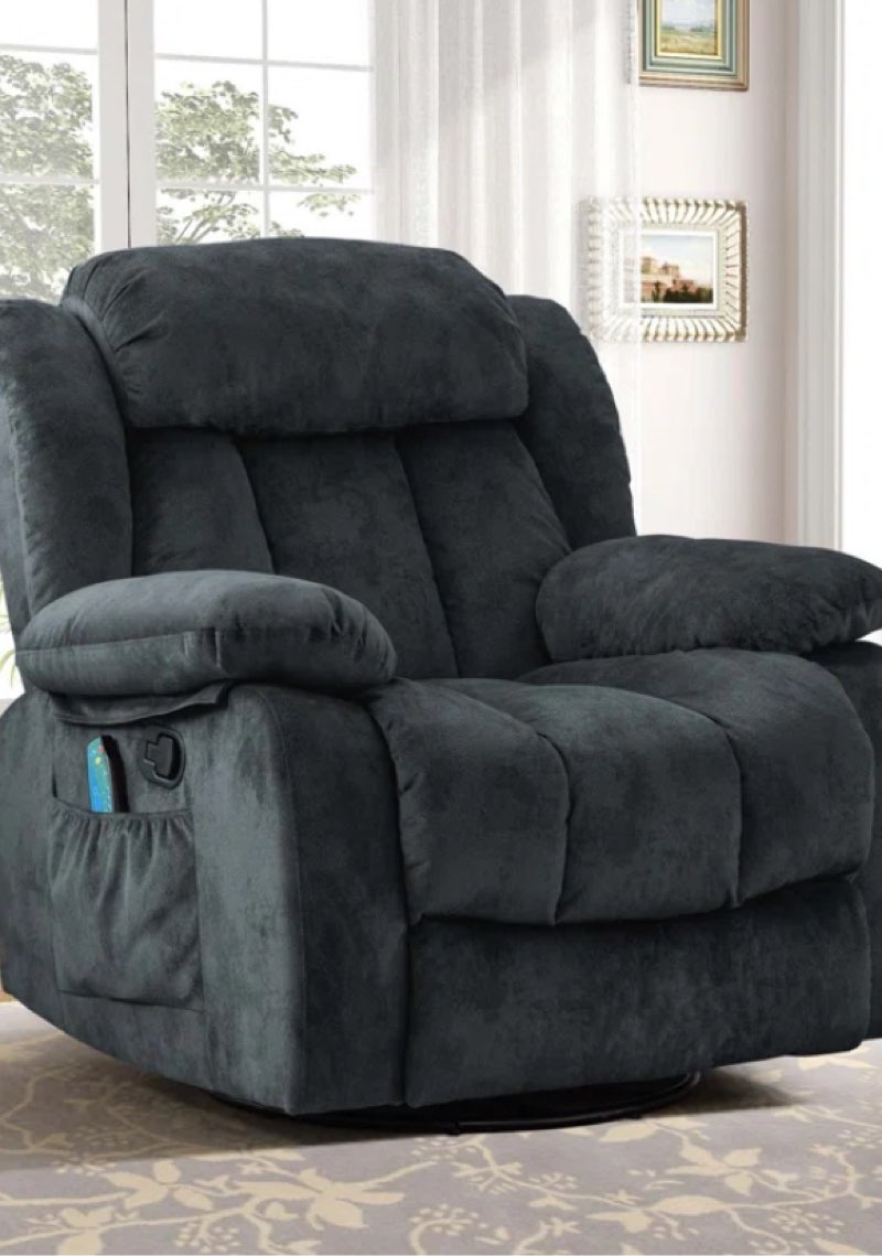 37.4\" Wide Contemporary Compact Microfiber Swivel Rocker Manual Recliner Chair with Heat and Massage INCOMPLETE 