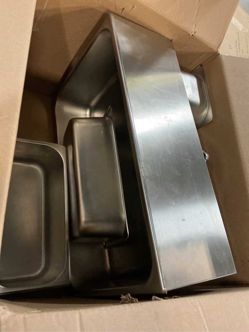 Condition photo showing As Is for VEVOR Commercial Food Warmer, 1200W Electric Stainless Steel Steam Food Warmer, Fast Heating Countertop Buffet Bain Marie with Three 1/3 Size Food Pans, for Catering, Restaurants, Parties & Buffets 3*1/3Pan