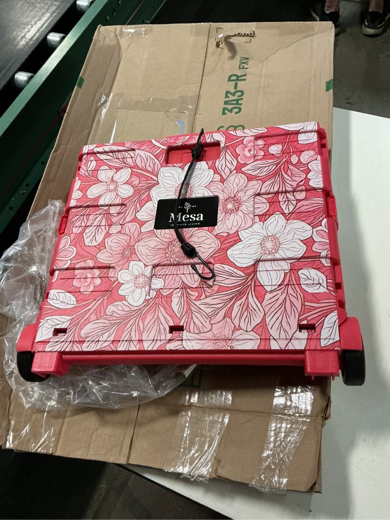 Condition photo showing Good Condition for ultra-slim rolling collapsible storage pack-n-roll utility-carts, with telescopic handle, for home, garden, shopping, office, school use, large, red, white flower print flower print large