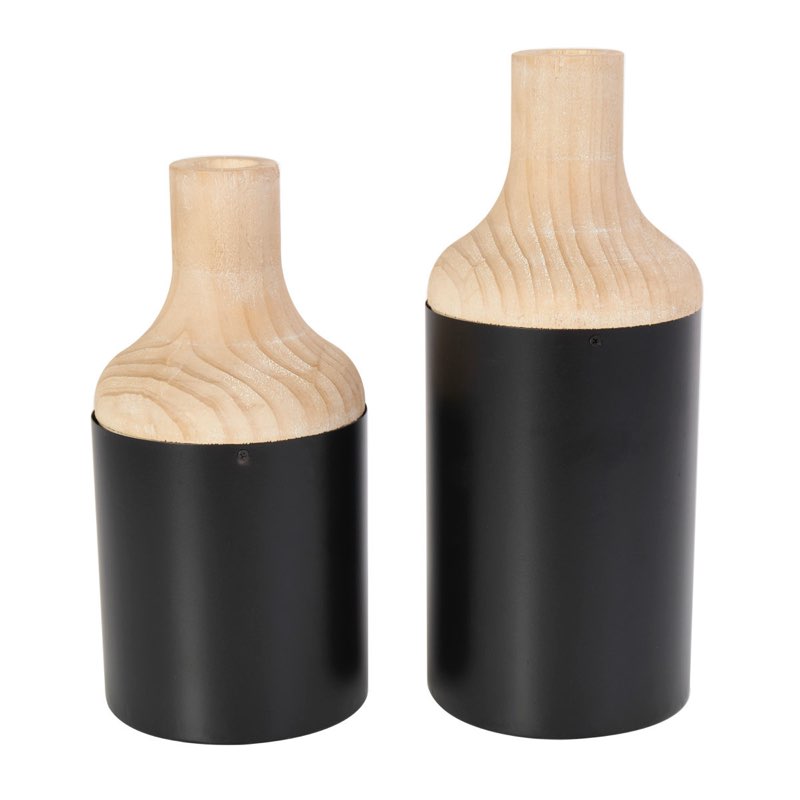 Janielis Wood Color block Black Decorative Vase with Light Brown Wood Tops (Set of 2)
