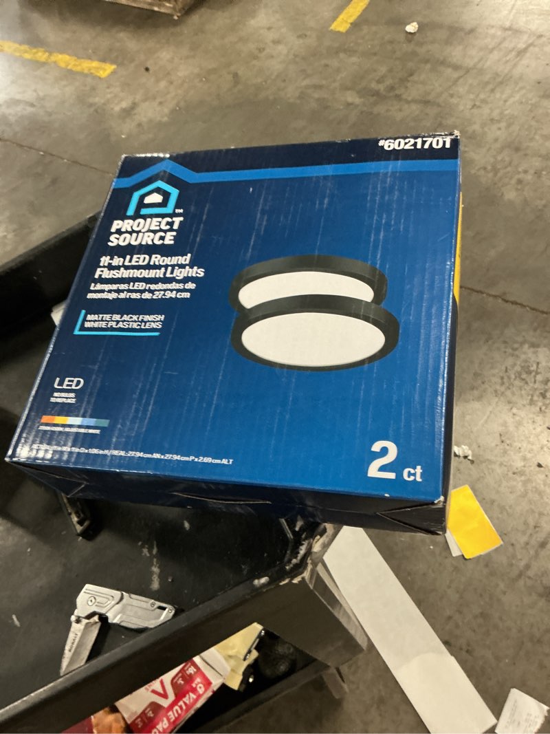 Condition photo showing As Is for project source edge light 1 -light 11-in matte black indoor/outdoor integrated led flush mount light 2 -pack