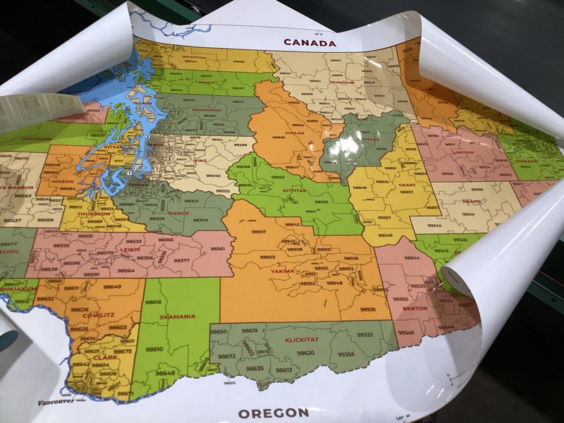 Condition photo showing Good Condition for Washington ZIP Code Map with Counties - Large - 48" x 32.75" Laminated
