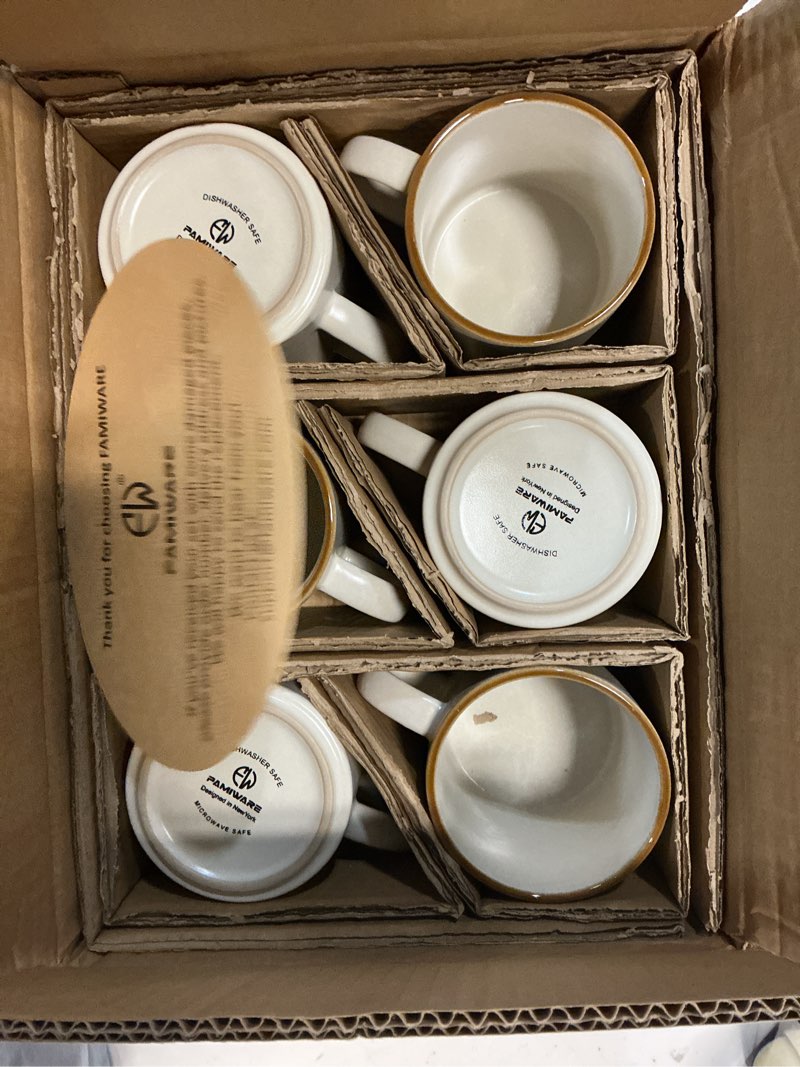 Condition photo showing New/Like New for famiware coffee mugs set of 6 nebula 14oz coffee mugs, ceramic cup set with handle for latte, tea, milk, cappuccino, cocoa, matte beige white with brown rim 6pcs matte beige white with brown rim
