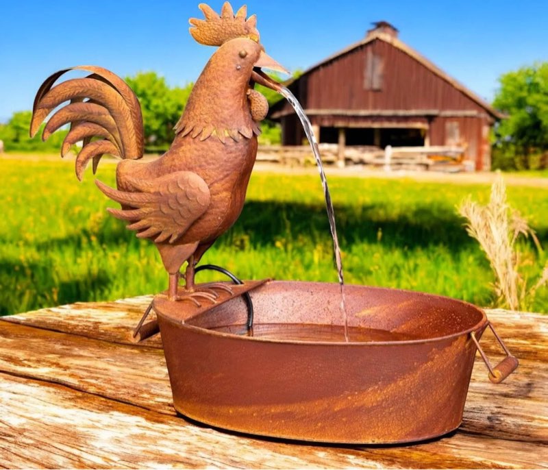 Park Hill Collection Folk Art Rooster Fountain – Animated Rustic Garden Water Feature