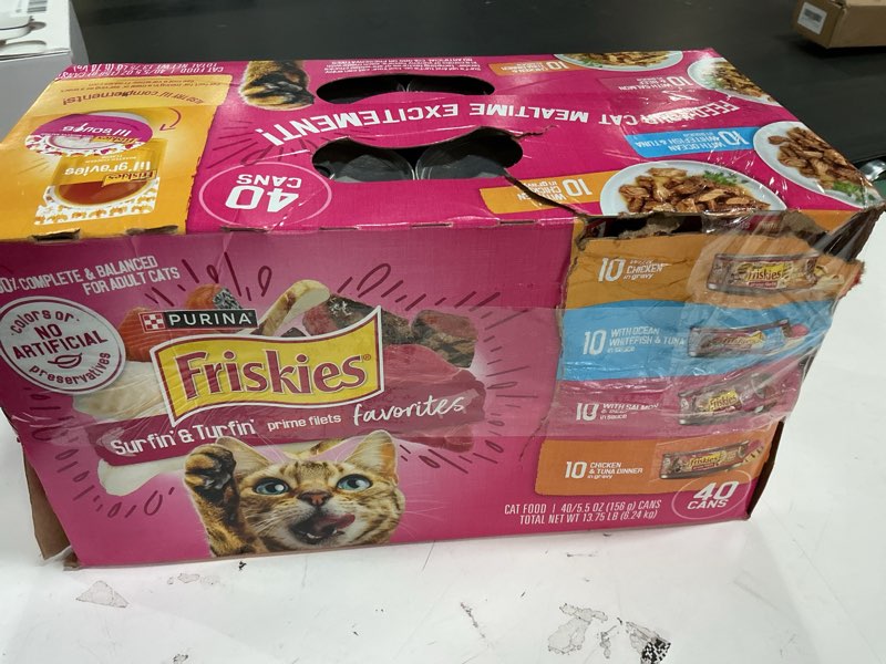 Condition photo showing New/Like New for Best by:Dec/2027)Purina Friskies Prime Filets Surfin' & Turfin' Favorites Chicken, Seafood, Tuna, Salmon, Fish and Beef Flavor Wet Cat Food - 5.5oz/40ct