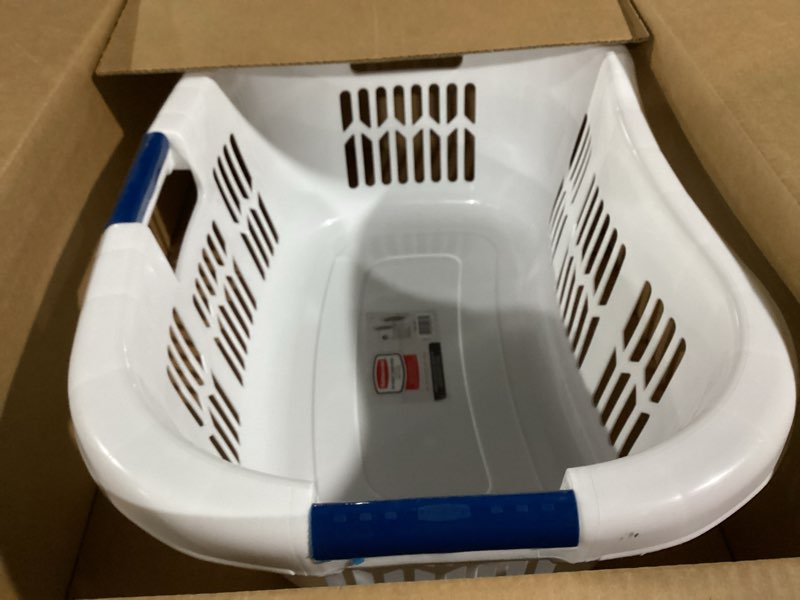 Condition photo showing Good Condition for Rubbermaid Large Hip-Hugger Laundry Basket/Hamper, 1.5-Bushel, White, Stackable Storage Bin/Organizer for Bathroom/Bedroom/Dorm/Home 1.5 Bushel Large Hip Hug Basket