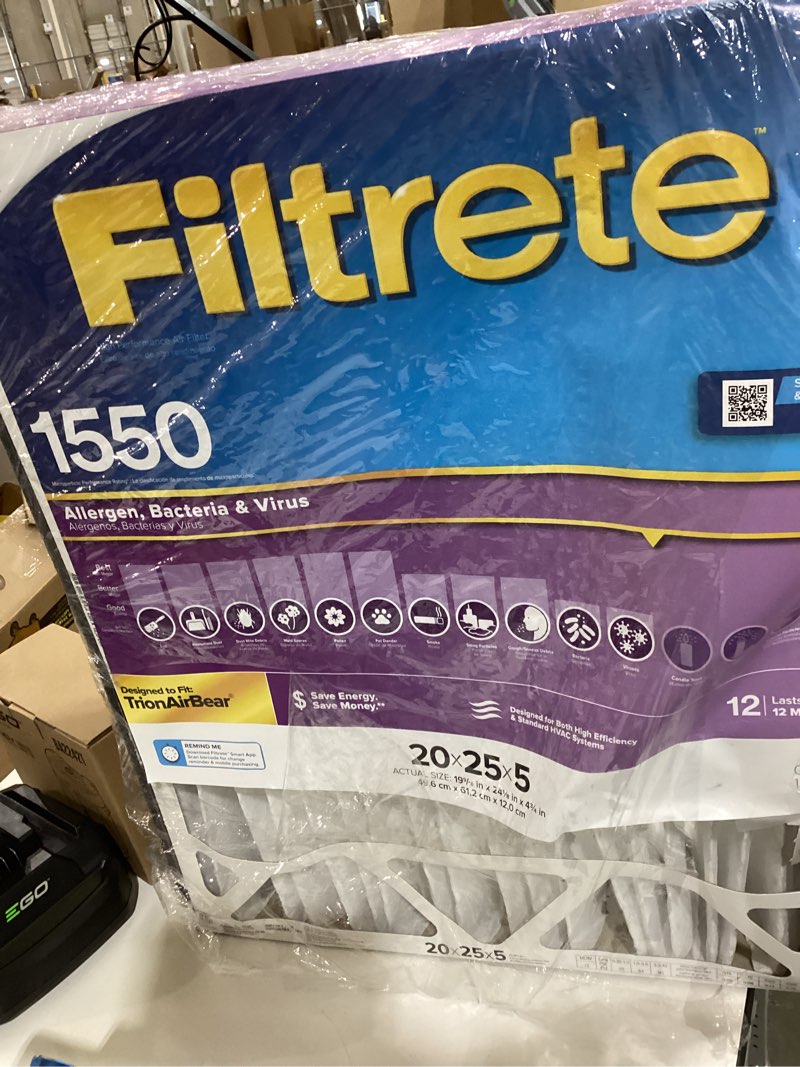 Condition photo showing As Is for filtrete 20-in w x 25-in l x 5-in merv 12 1550 mpr allergen, bacteria and virus electrostatic pleated air filter