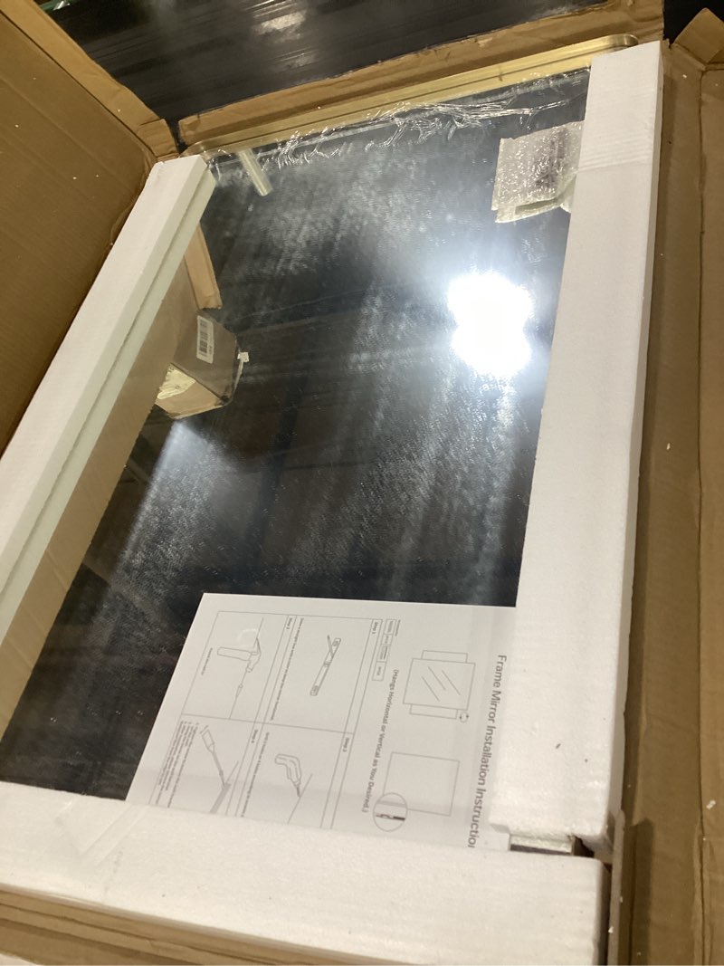 Condition photo showing New/Like New for 24x36 inch gold framed bathroom mirror, brushed gold metal vanity mirror, gold rectangle mirror for wall, rounded corner, tempered glass, anti-rust, shatterproof (horizontal/vertical) 36"l x 24"w gold