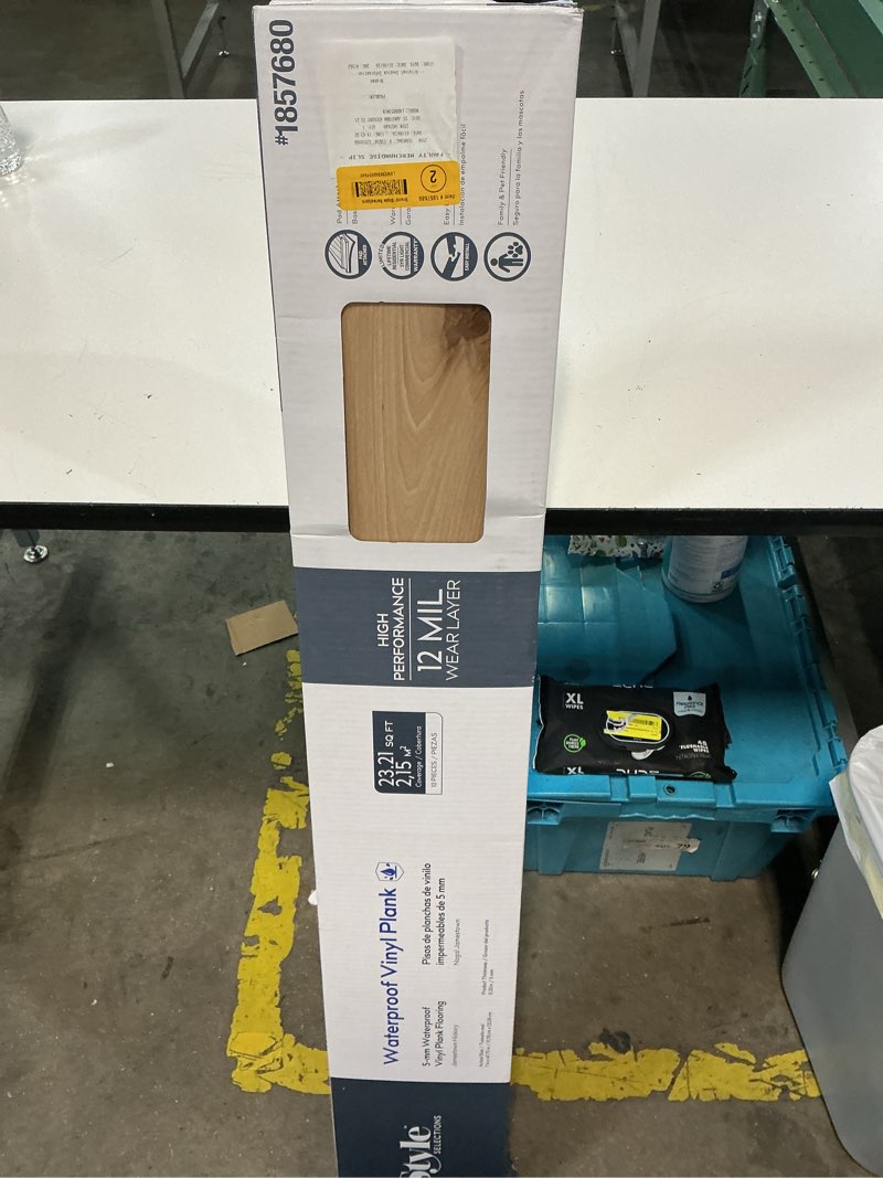Condition photo showing As Is for style selections jamestown hickory brown 12-mil x 7-in w x 48-in l waterproof interlocking luxury vinyl plank flooring (23.21-sq ft/ carton)