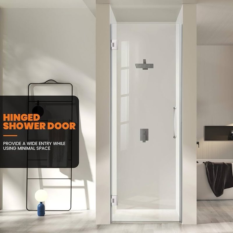 Bathroom Hinged Shower Door - 23" W×72" H, 5/16"(8mm) Thick Clear Tempered Glass Shower Door, Framel