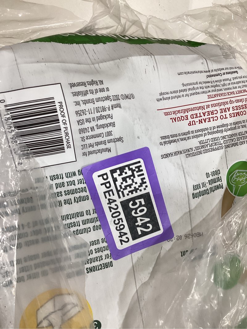 Condition photo showing As Is for nature's miracle premium clumping corn cob litter, tough odor bio-enzymatic formula, dust free updated formula 18 lb