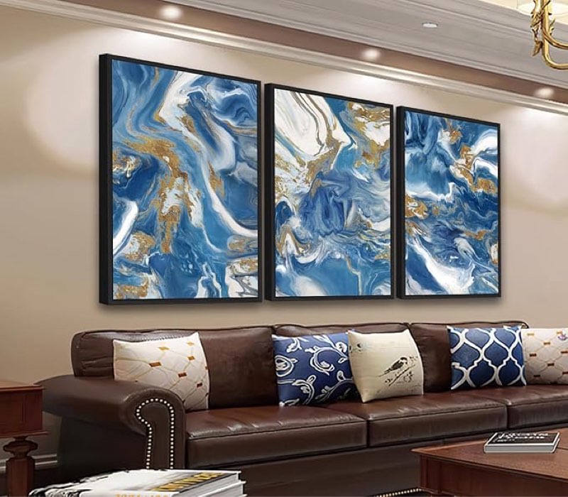 asdceuticals abstract canvas wall art - modern marble wall decor, blue fluid ink pictures, large framed paintings for living room bedroom dining room 16" x 24" x 3 pcs