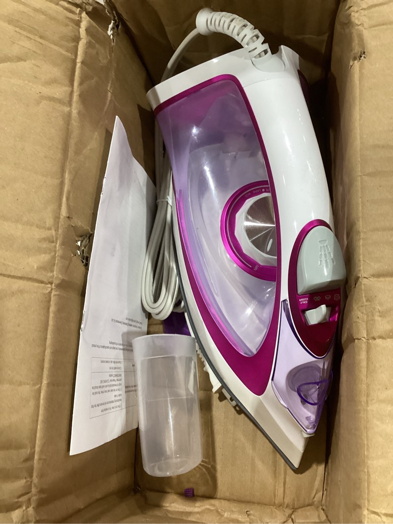 Condition photo showing As Is for omaiga steam iron for clothes, 1750w fast heating with powerful steam, 15.21oz/450ml large water tank, ceramic soleplate, anti-drip, self-cleaning, 3-way auto shut off for home laundry purple